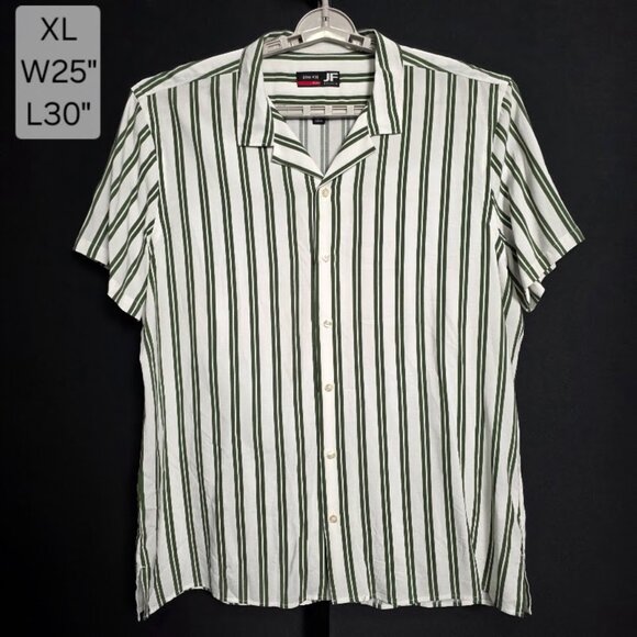J Ferrar Mens XL Slim Fit Green White Stripe Rayon Shirt Camp Collar Short Sleev - Picture 1 of 5